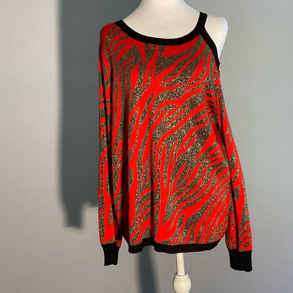 Willow Drive Red Black Silver Lg Holiday Sweater with an Asymmetrical Neckline - Picture 1 of 16